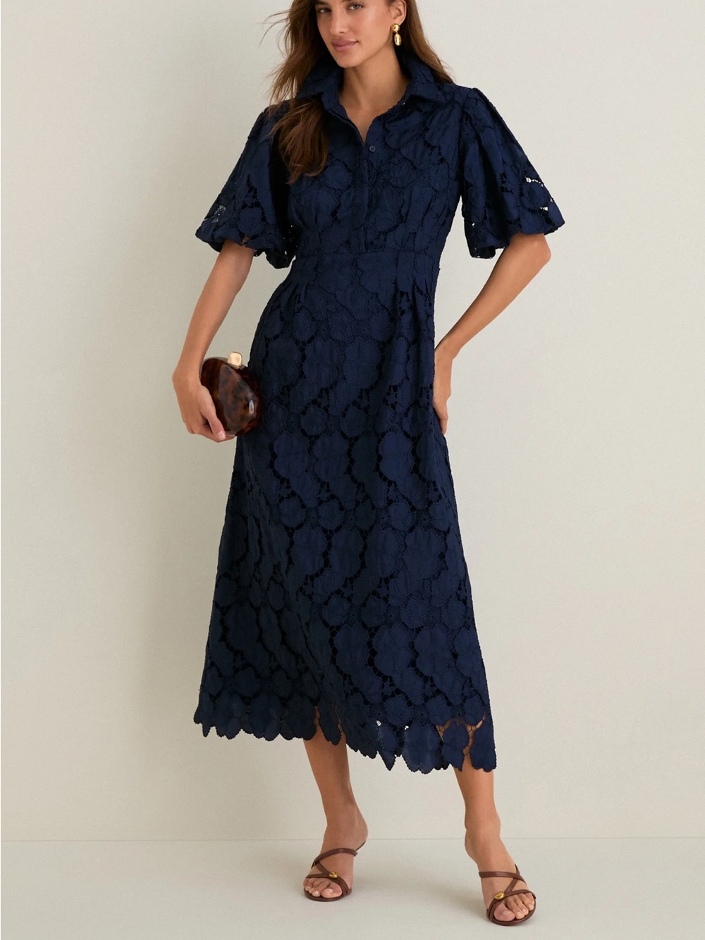 Brand NEW! Sold out in most sizes. Tuckernuck Navy Floral Lace Collared Midi